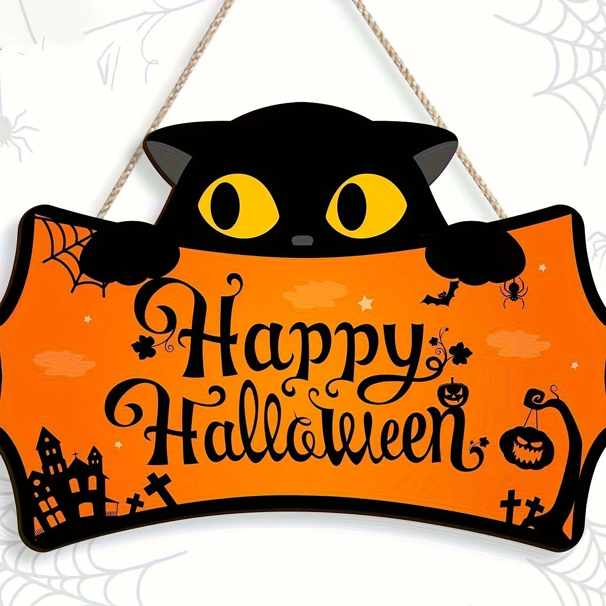 שלט עץ לדלת "Happy Halloween" – חתול שחור או רוח BOO