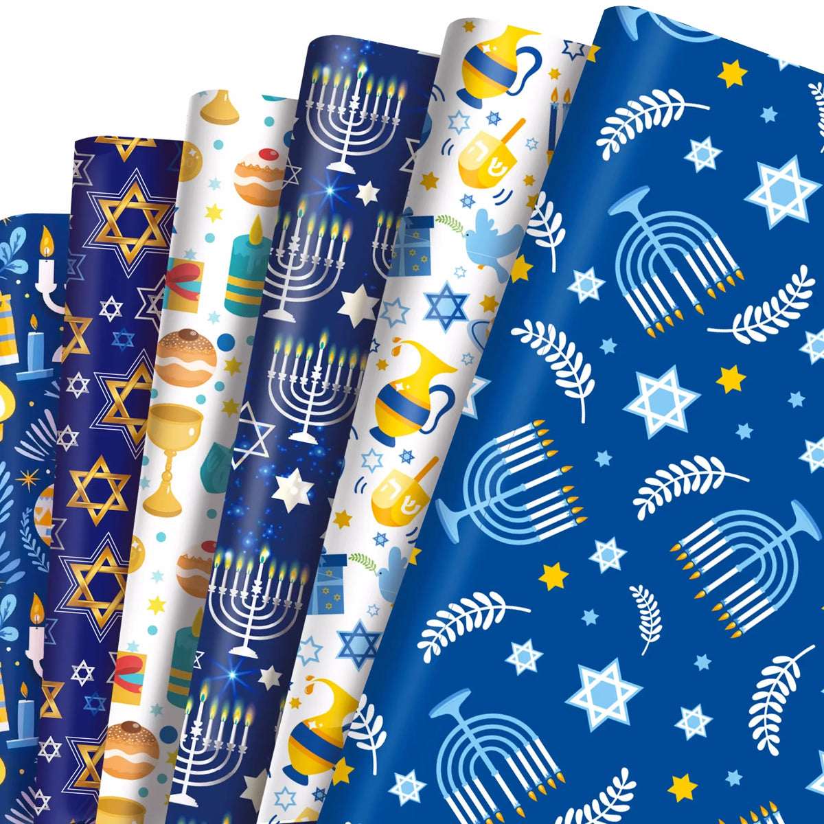 12 גיליונות נייר עטיפה לחנוכה – חנוכיות, מגני דוד וסביבונים