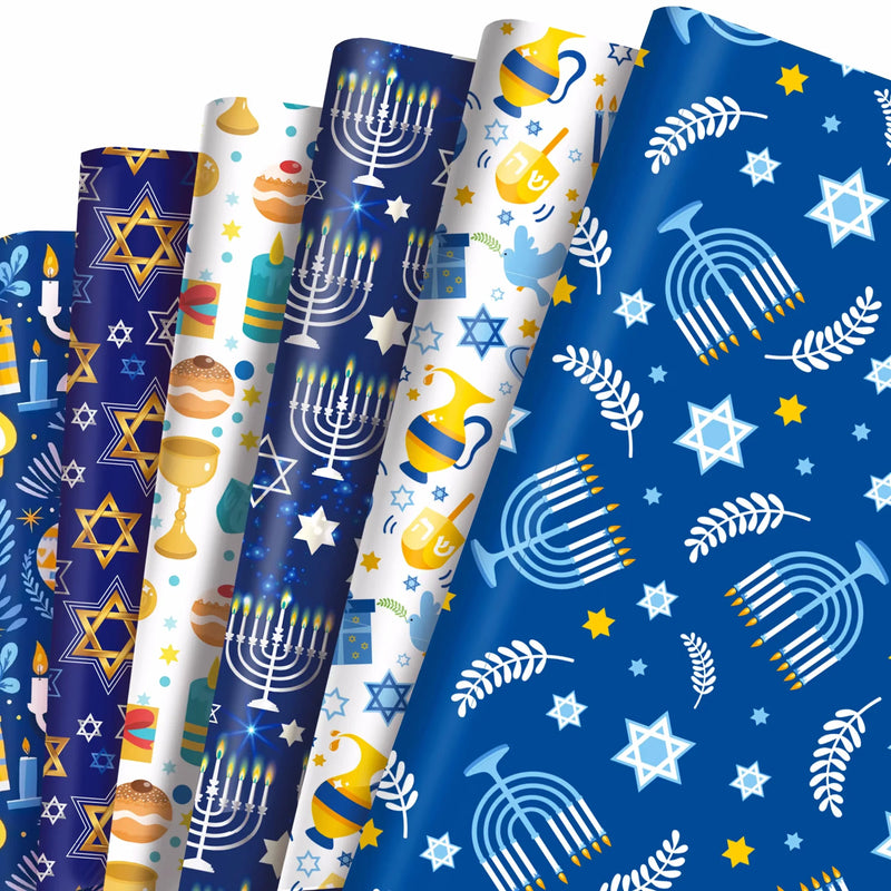 12 גיליונות נייר עטיפה לחנוכה – חנוכיות, מגני דוד וסביבונים