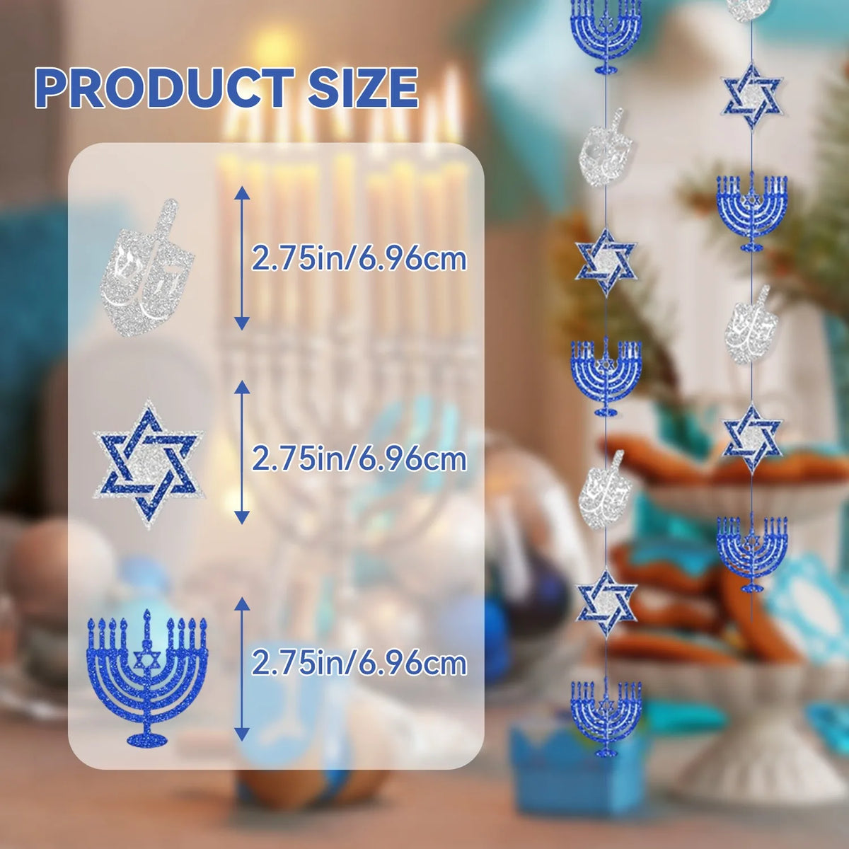 שרשראות תלייה מנצנצות לחנוכה – חנוכיות, מגני דוד וסביבונים – תמונה 3