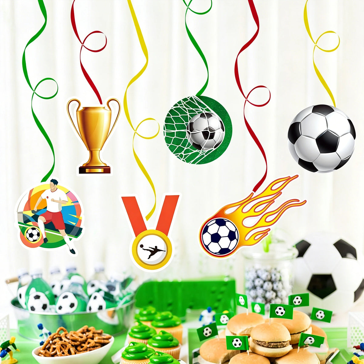 קישוטי כדורגל ליום הולדת – שרשרת Happy Birthday וספירלות תלייה – תמונה 3