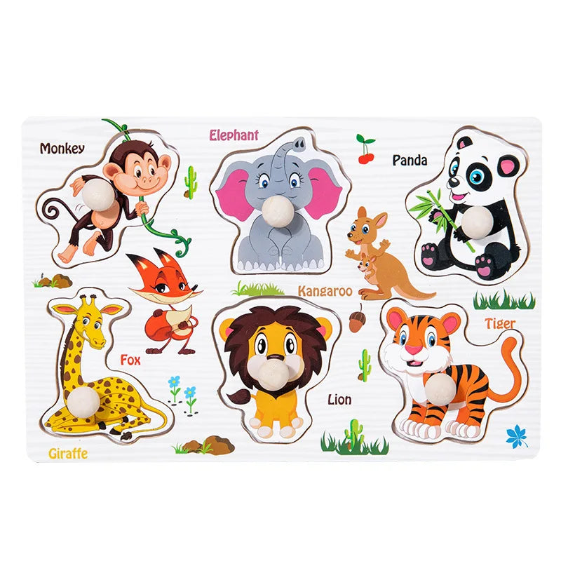 Wooden puzzle board with bright painted pieces