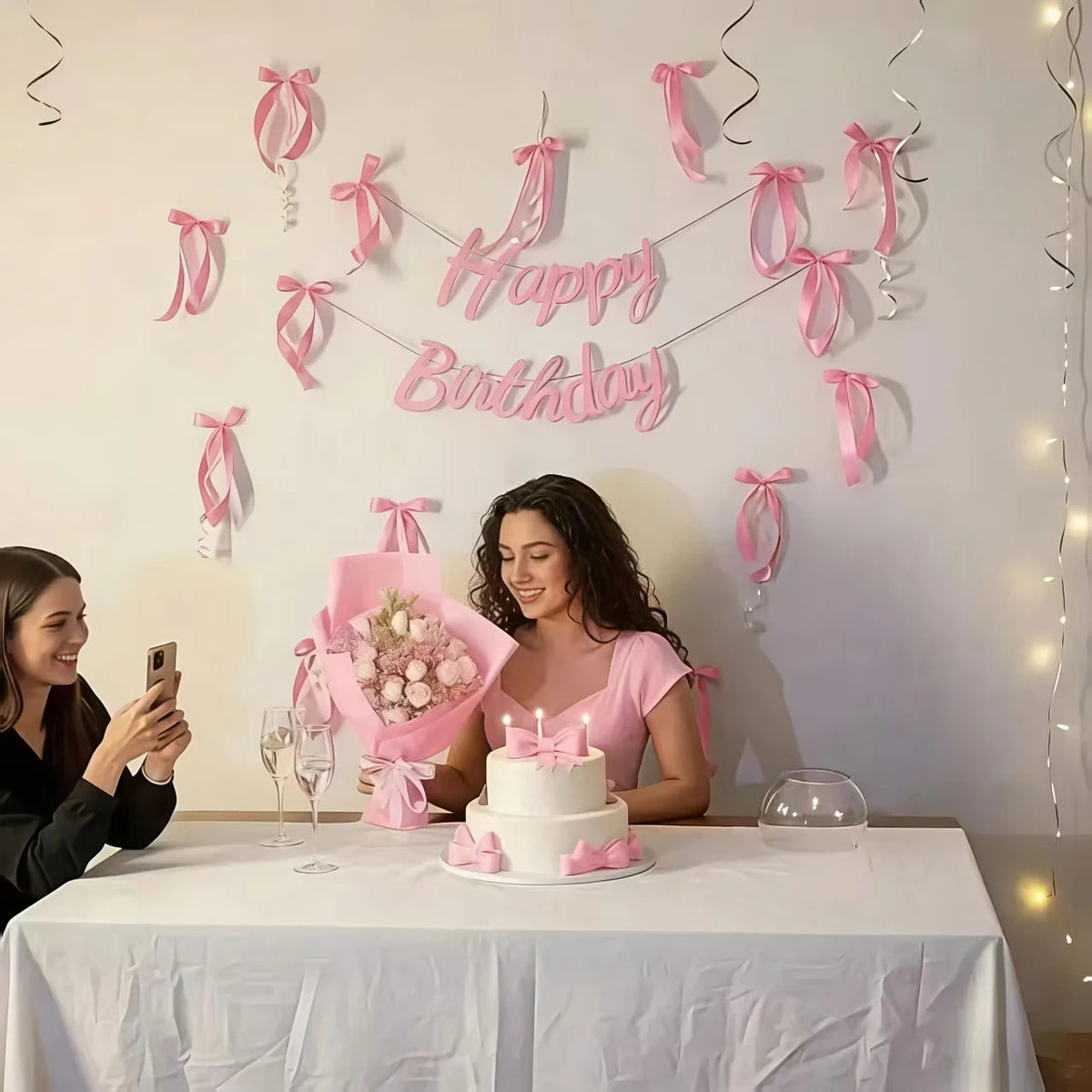 קישוט קיר "Happy Birthday" עם פפיונים – שחור או ורוד – תמונה 6