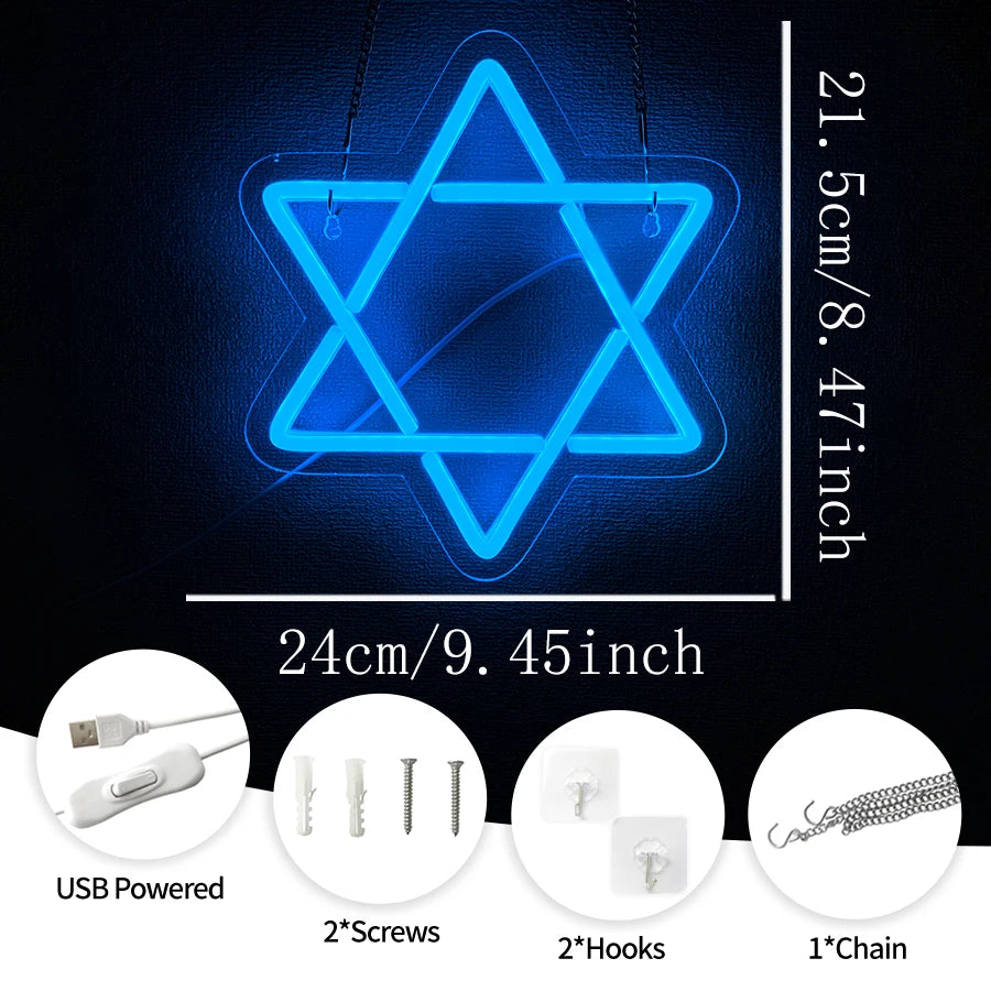 שלט ניאון מגן דוד כחול לקיר – תאורת חנוכה, 24×21.5 ס״מ – תמונה 2