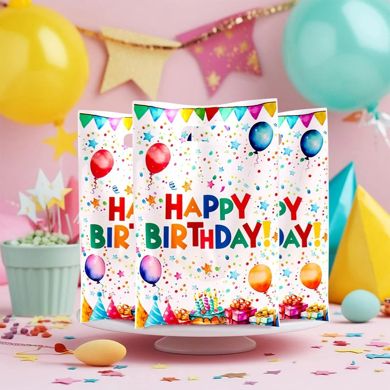Happy birthday party gift bags with balloon pattern and carry handles