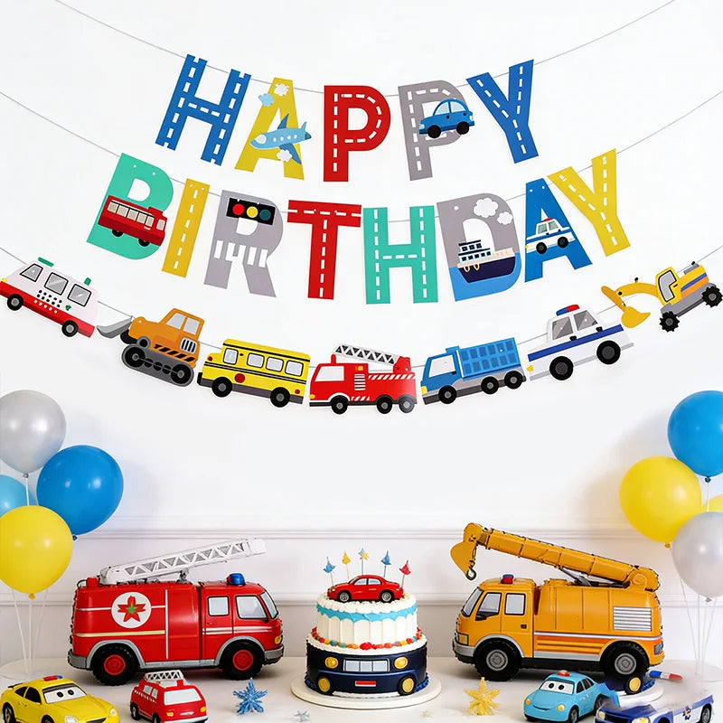 שרשרת "Happy Birthday" עם טרקטורים, כבאית ומשאיות