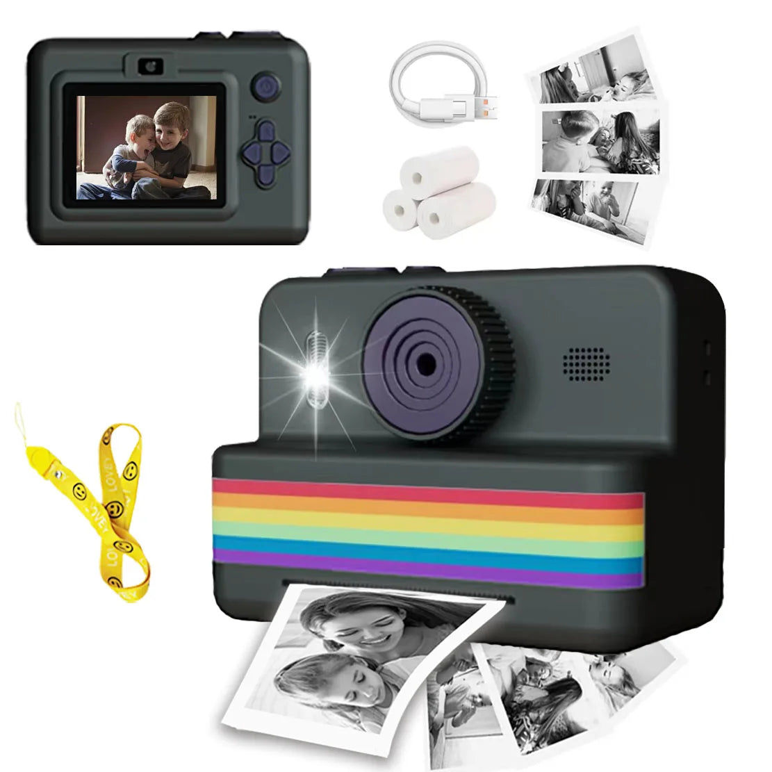 Kids camera and printed pictures laid out together