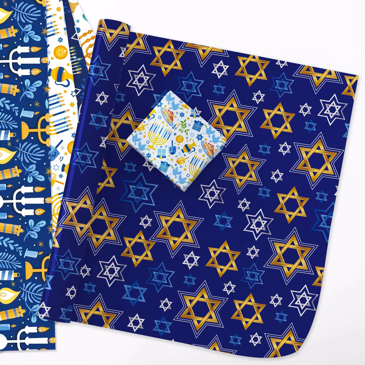 12 גיליונות נייר עטיפה לחנוכה – חנוכיות, מגני דוד וסביבונים – תמונה 3