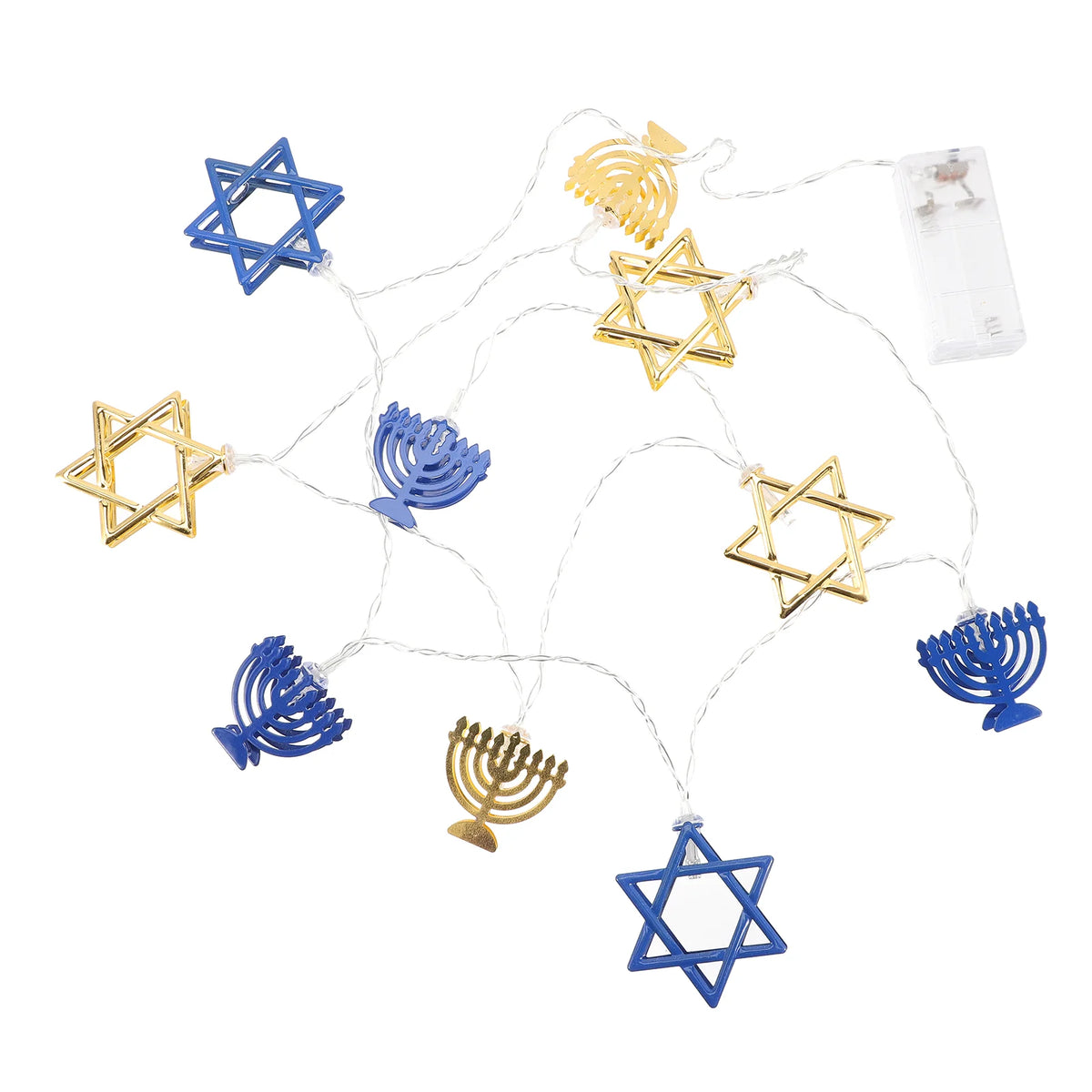 שרשרת אורות לחנוכה בשילוב – חנוכיות ומגני דוד בכחול ובזהב – תמונה 3