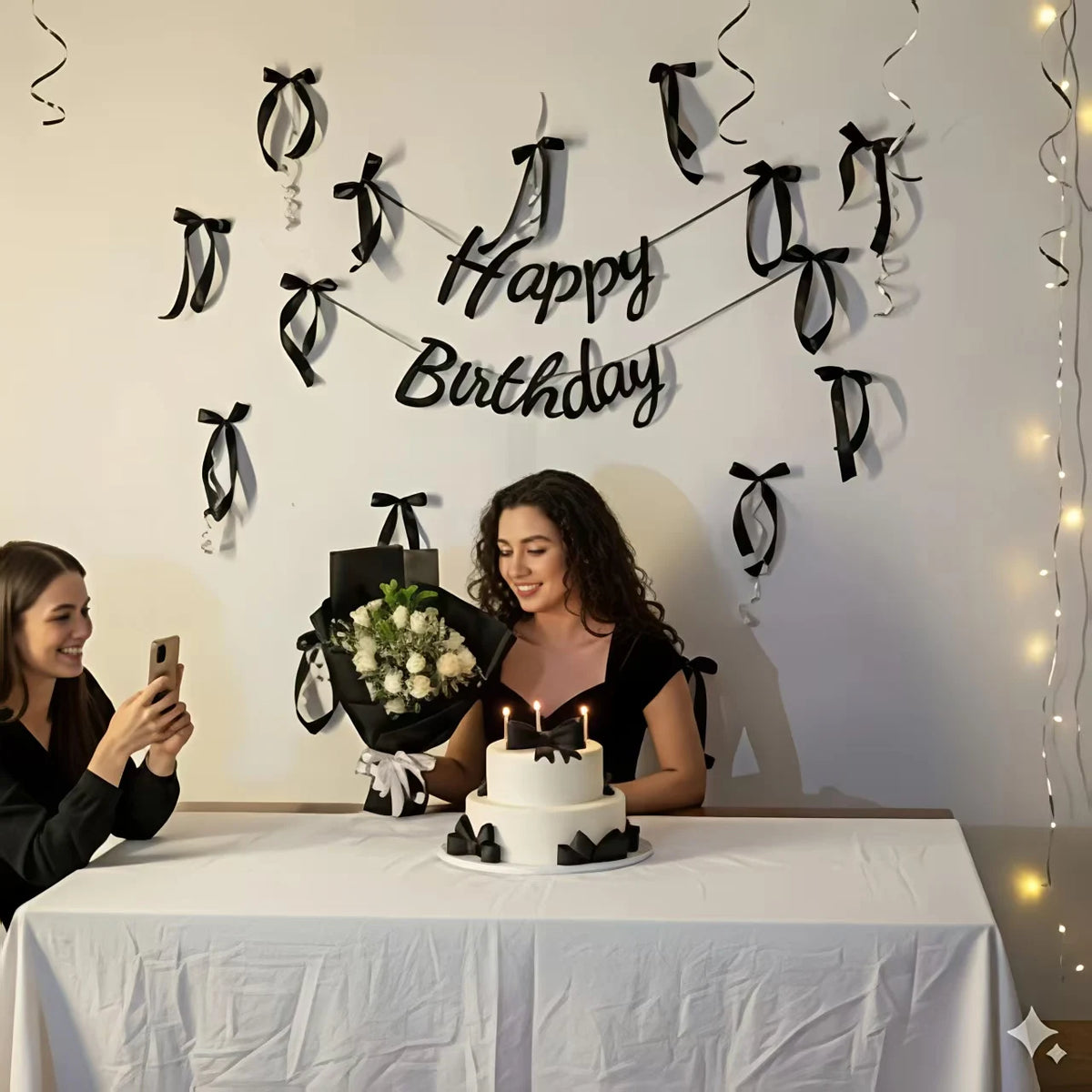 קישוט קיר "Happy Birthday" עם פפיונים – שחור או ורוד – תמונה 5