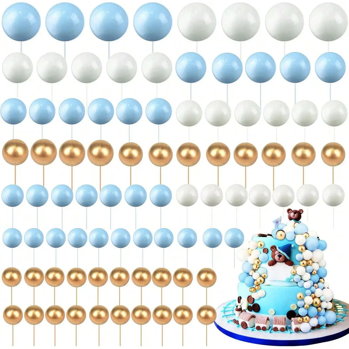 68 כדורים לקישוט עוגה – זהב, כחול-לבן או ורוד-לבן – תמונה 5