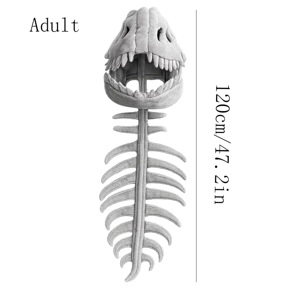 Full-length plush dinosaur skeleton costume laid out flat