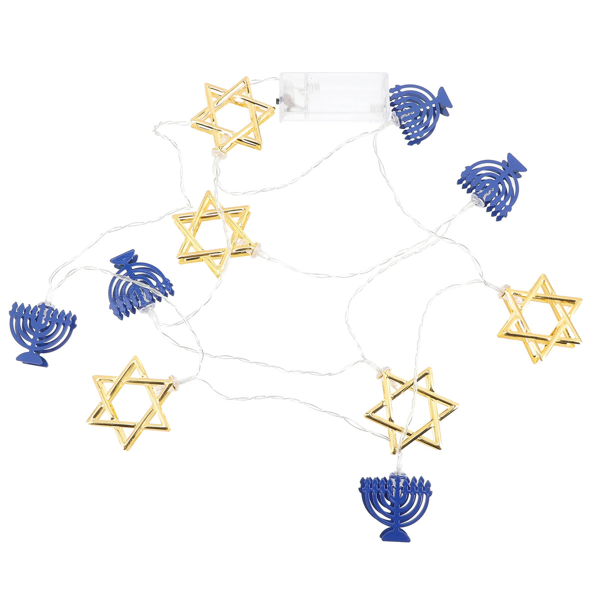 שרשרת אורות לחנוכה בשילוב – חנוכיות ומגני דוד בכחול ובזהב – תמונה 2