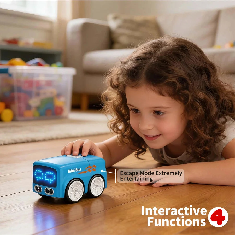 Front view of the mini bus with animated eyes