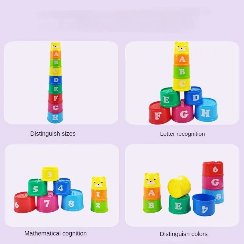 Toddler playing with stacked colorful cups on the floor