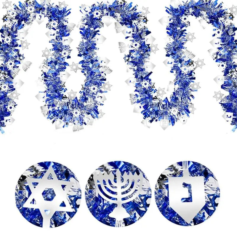 שרשרת טינסל כחול-כסף לחנוכה עם מגני דוד, חנוכיות וסביבונים – 2 מטר – תמונה 3