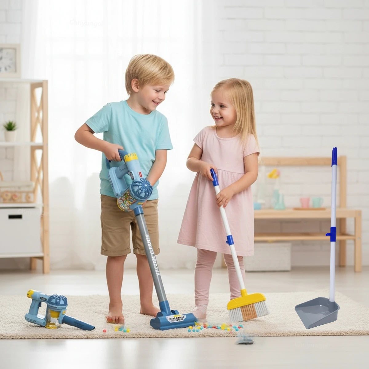 Child using the toy vacuum from the kids cleaning set