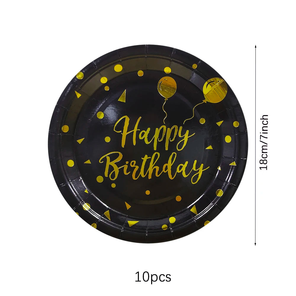 כלים חד-פעמיים שחור-זהב "Happy Birthday" – צלחות, כוסות, מפיות וסטים – תמונה 7