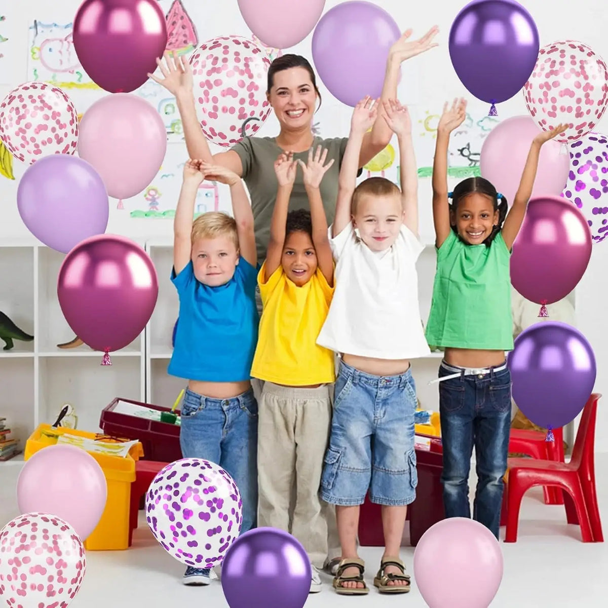 50 בלונים בוורוד וסגול עם קונפטי – ליום הולדת לבנות – תמונה 4