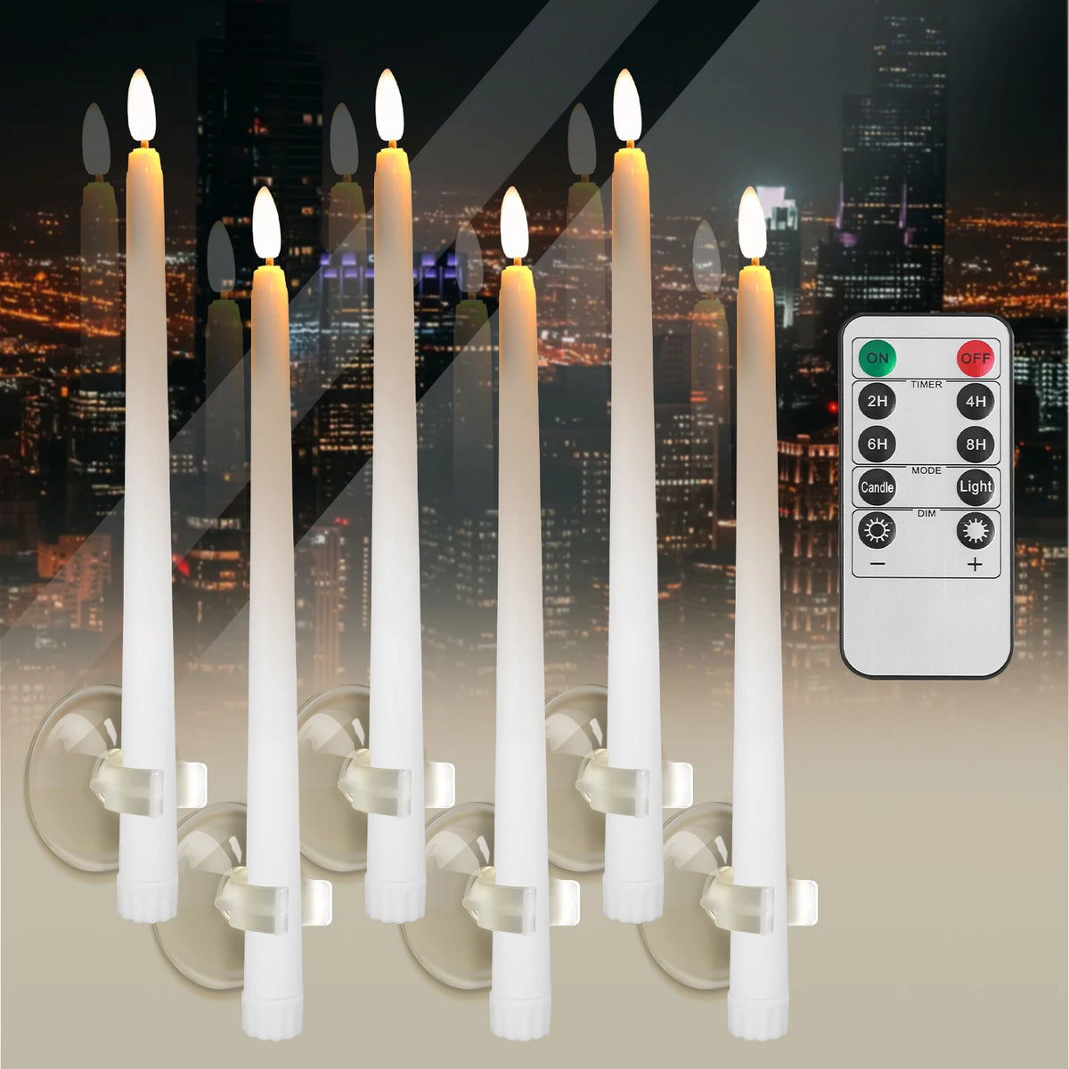 Remote control beside the set of flameless LED taper candles
