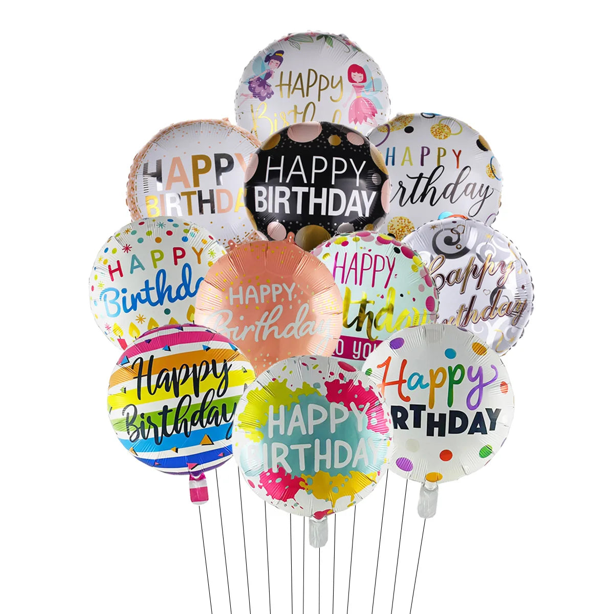 10 בלוני מיילר עגולים "Happy Birthday" – או סוכריות וכדורי 4D – תמונה 7