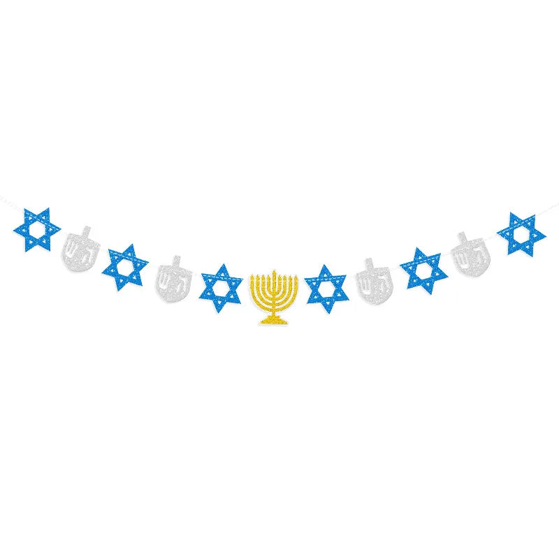 באנר "Happy Hanukkah" ושרשרת סמלי חנוכה – כחול, כסף וזהב – תמונה 8