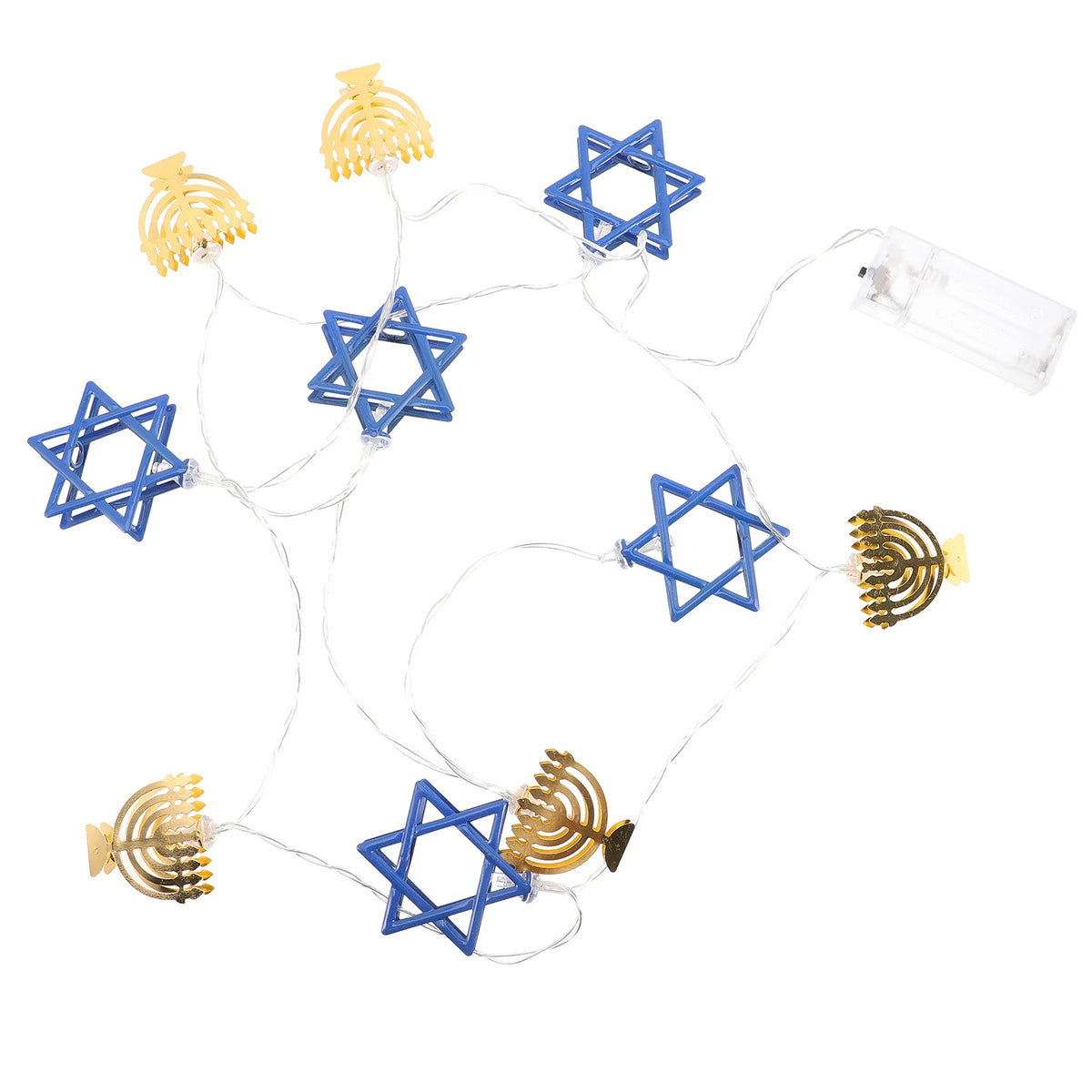 שרשרת אורות לחנוכה בשילוב – חנוכיות ומגני דוד בכחול ובזהב