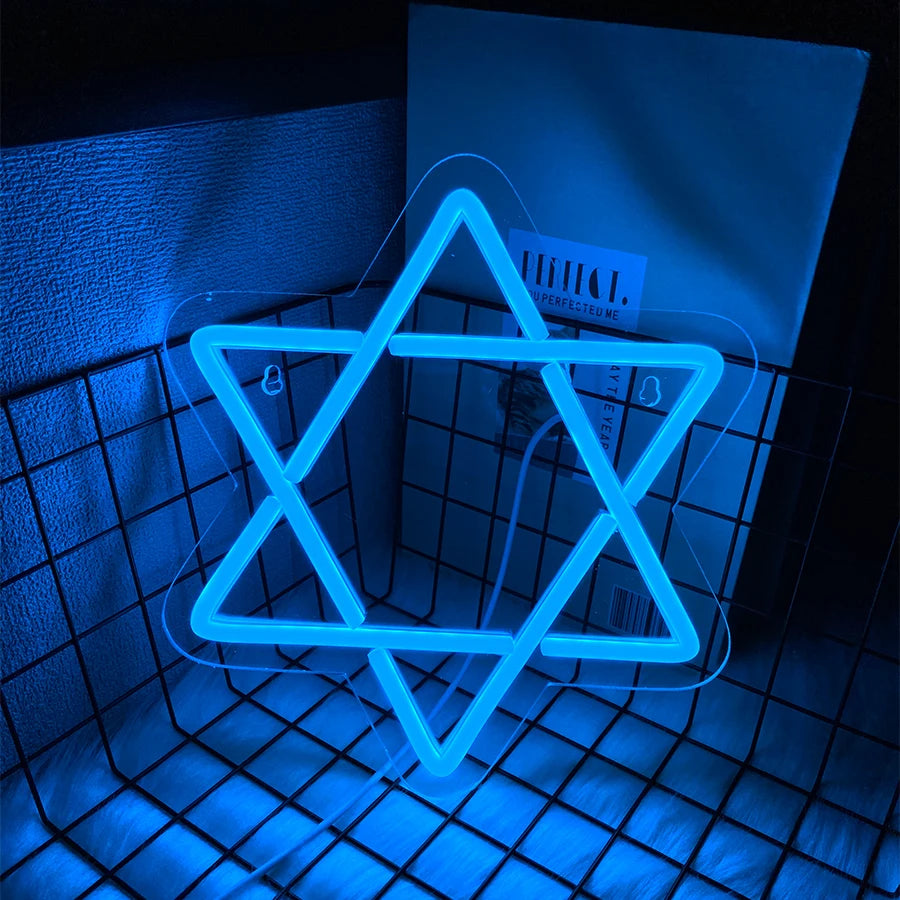 שלט ניאון מגן דוד כחול לקיר – תאורת חנוכה, 24×21.5 ס״מ – תמונה 6