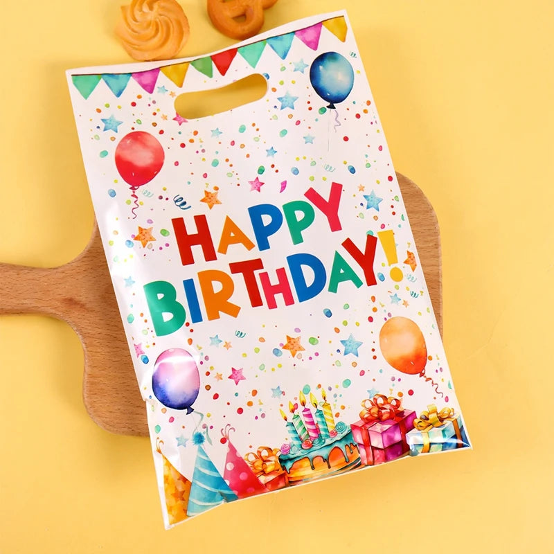 Close view of a happy birthday party gift bag with balloon design