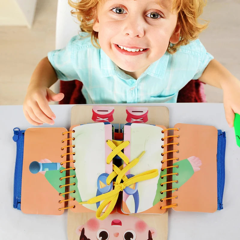 לוח פעילות מעץ "לומדים להתלבש" – כפתורים, רוכסנים ושרוכים – תמונה 2