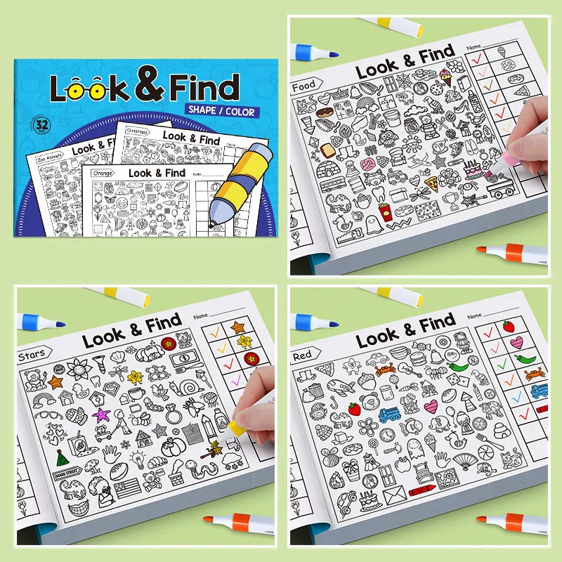 Open activity book page with a busy scene to search