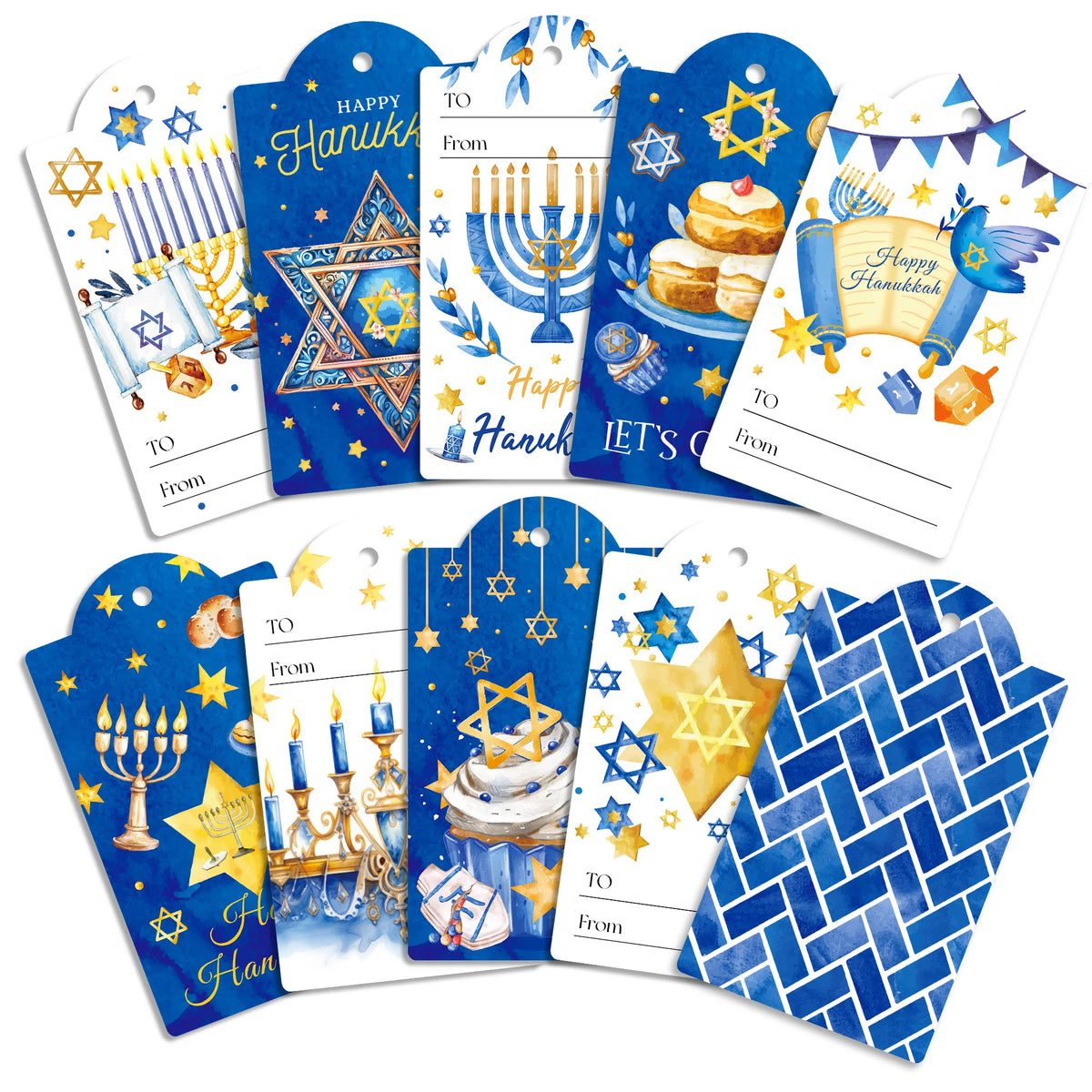 60 תגיות מתנה לחנוכה עם חוט – עיצובים בכחול וזהב – תמונה 4