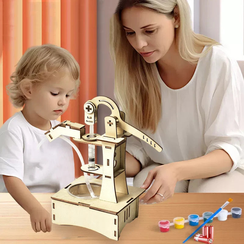 Wooden machine parts laid out from the wooden DIY science kit for kids