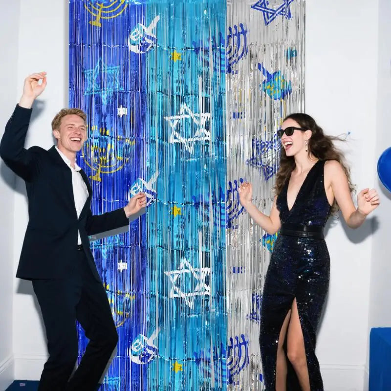 וילון גשם מנצנץ לחנוכה – רקע לצילומים בכחול וכסף, 1×2 מטר – תמונה 2