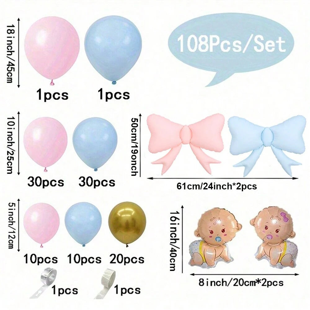 ערכת קשת בלונים לגילוי מין – ורוד, תכלת וזהב עם פפיונים – תמונה 3