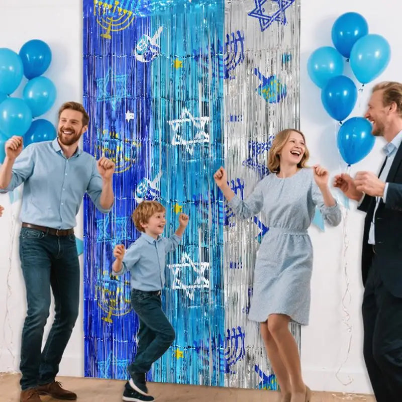 וילון גשם מנצנץ לחנוכה – רקע לצילומים בכחול וכסף, 1×2 מטר – תמונה 3