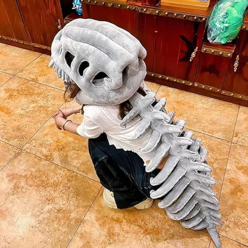 Plush dinosaur skeleton costume with bone print, displayed for Halloween