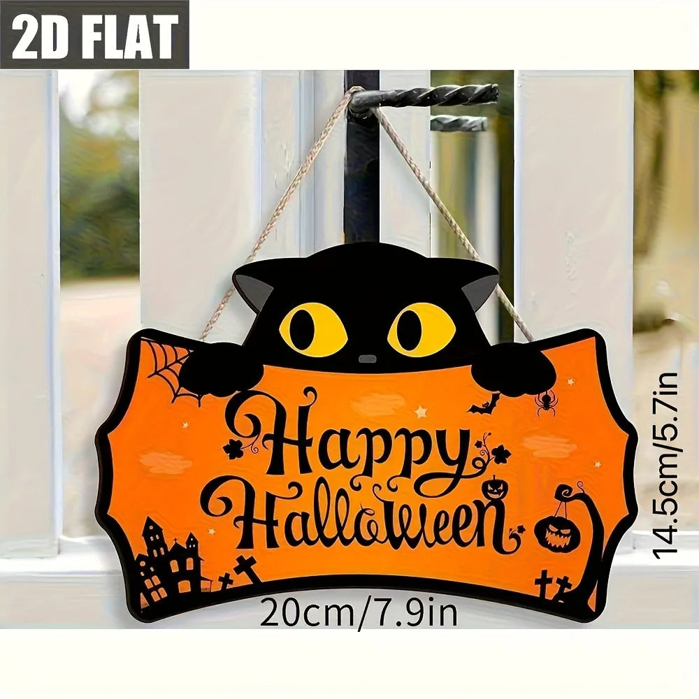שלט עץ לדלת "Happy Halloween" – חתול שחור או רוח BOO – תמונה 4