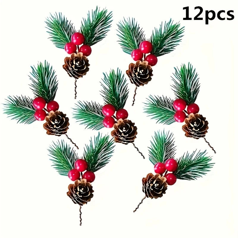 12 אצטרובלים עם פירות אדומים – קישוט לעץ האשוח – תמונה 3