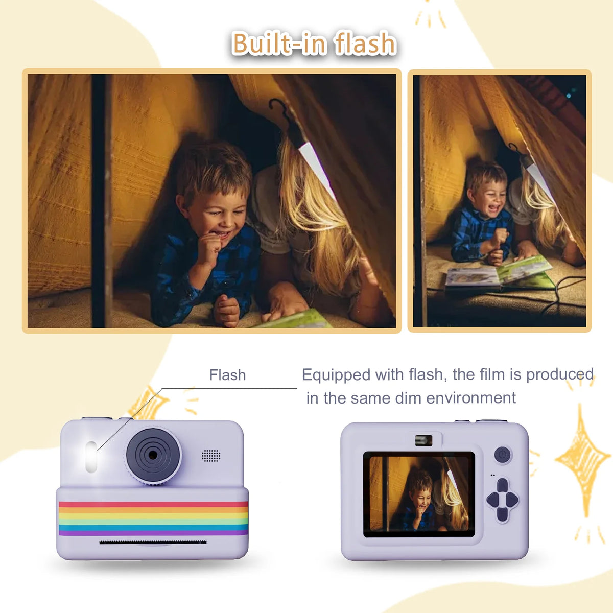 Small printed photos next to the kids instant print camera