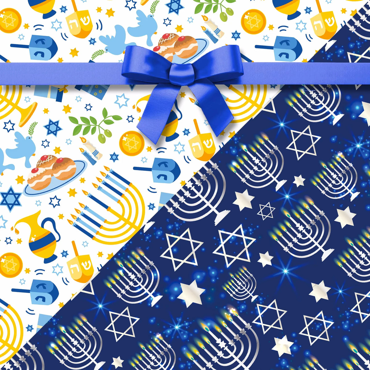 12 גיליונות נייר עטיפה לחנוכה – חנוכיות, מגני דוד וסביבונים – תמונה 2