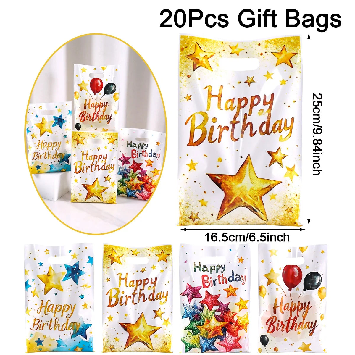 Happy birthday party gift bags arranged on a table for guests