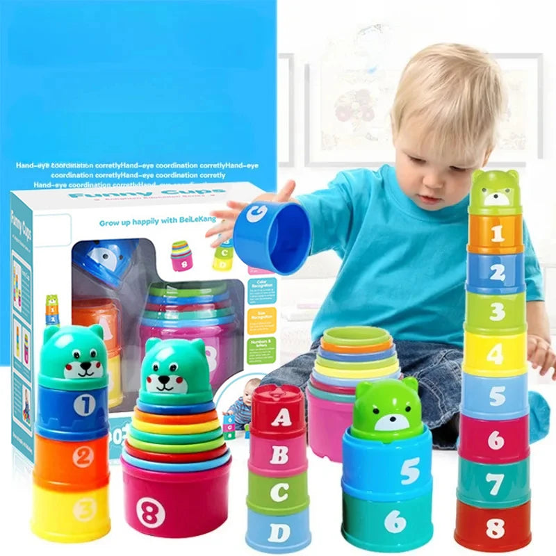 Rainbow stacking cups for toddlers arranged in a tower