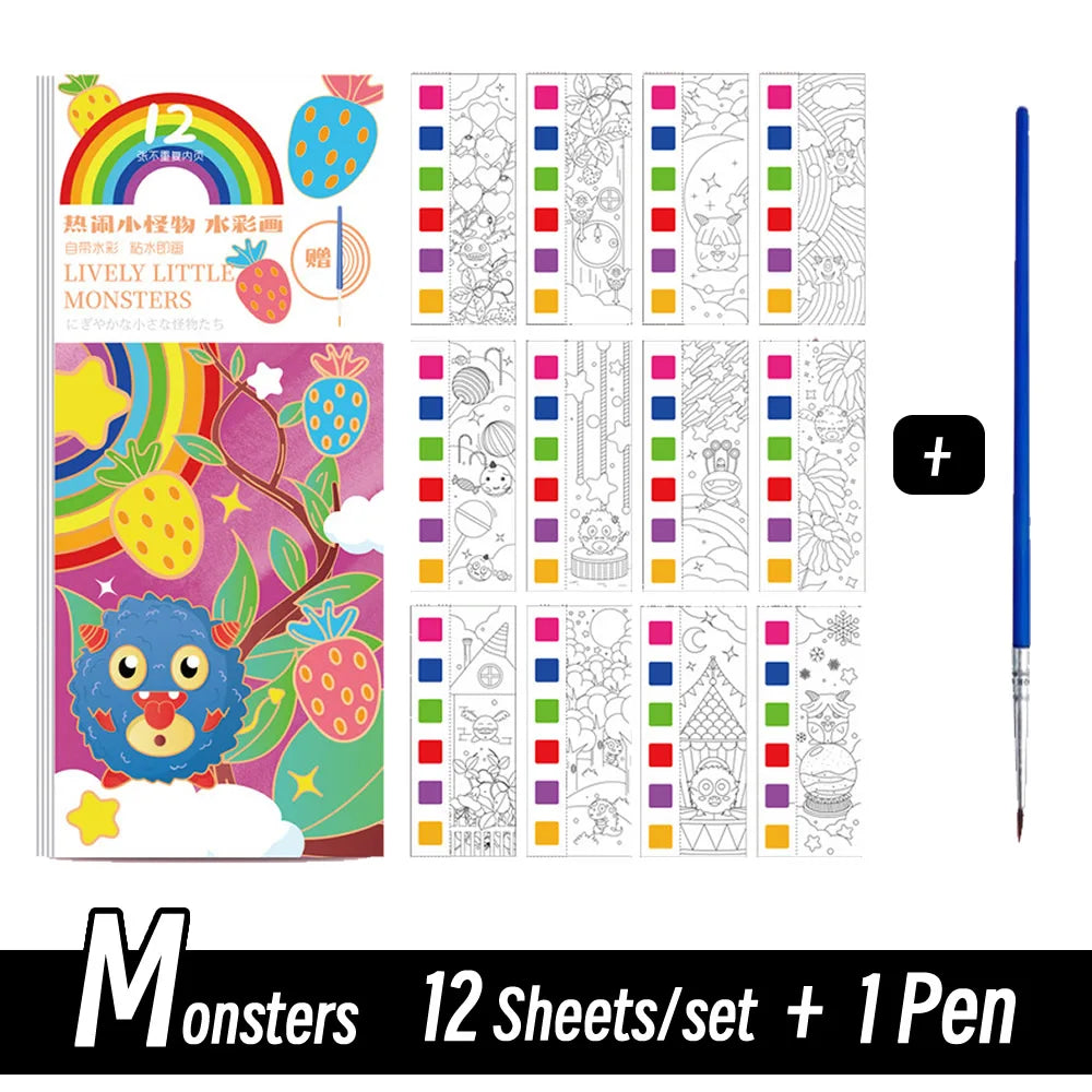 חוברת צבעי מים עם מכחול – 12 דפים – תמונה 8
