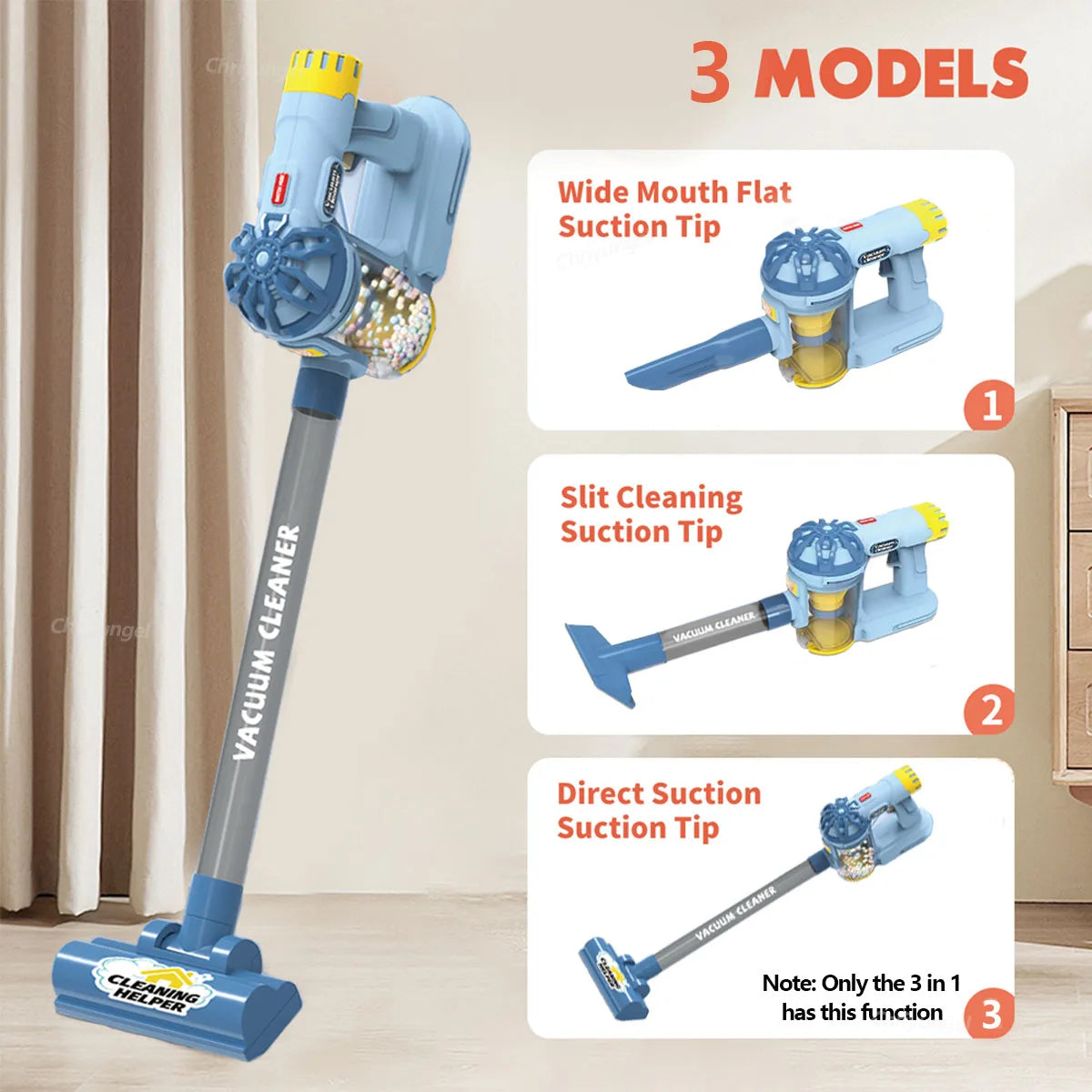 Toddler vacuuming crumbs with the small working vacuum from the cleaning set
