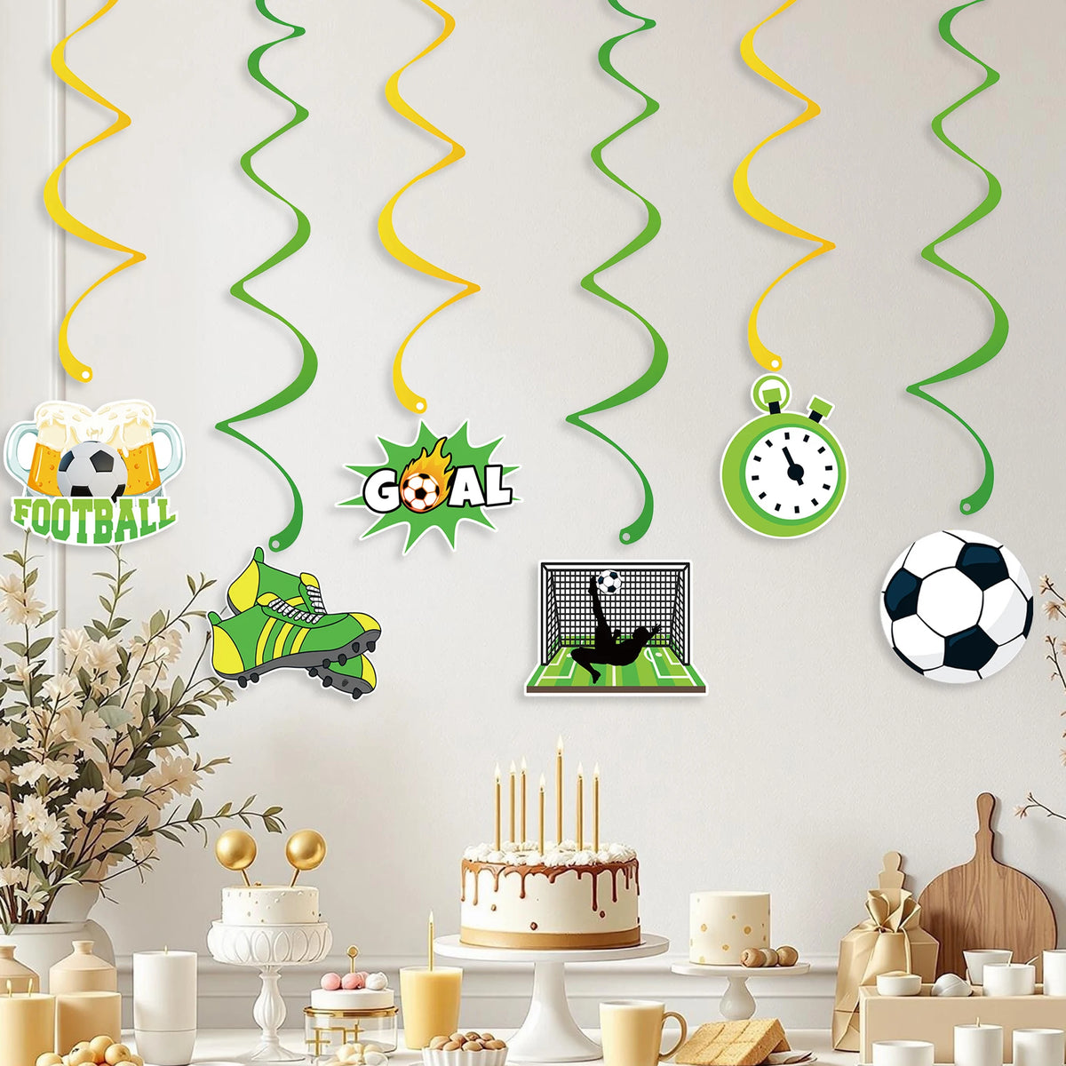 קישוטי כדורגל ליום הולדת – שרשרת Happy Birthday וספירלות תלייה – תמונה 5