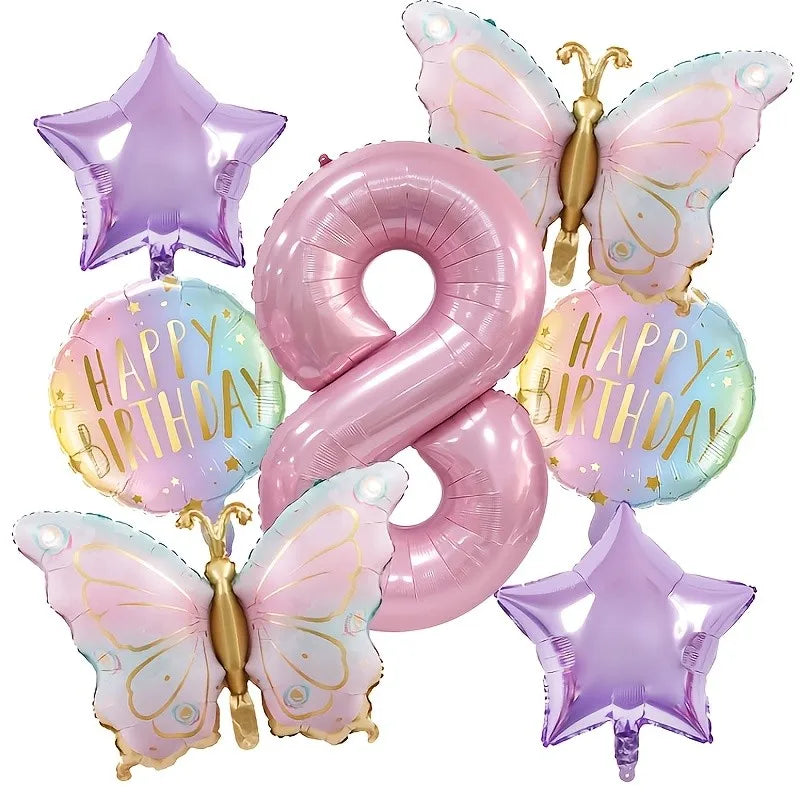 סט 7 בלוני פרפרים ורודים עם בלון ספרה – ספרות 1–9 – תמונה 10