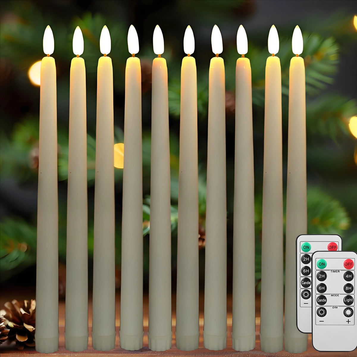 Six LED taper candles with remote and timer standing on a table