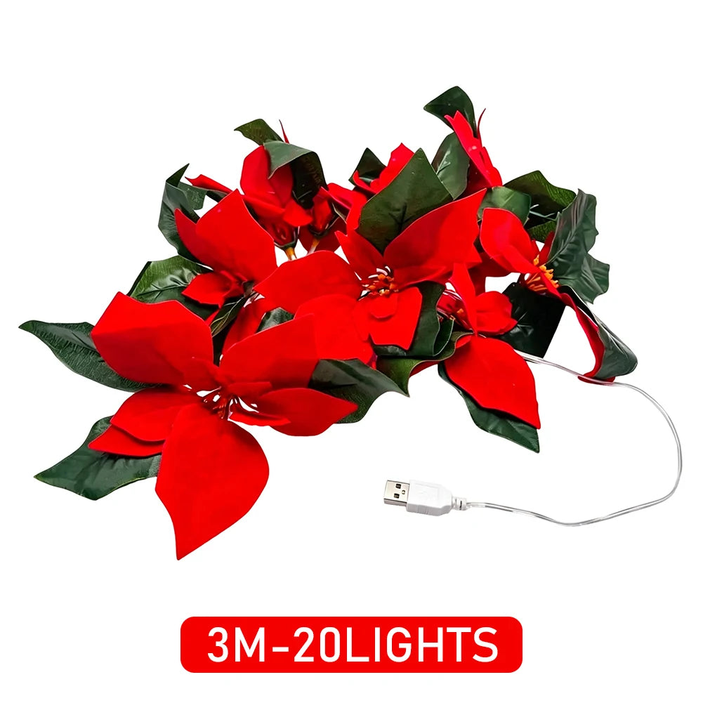 שרשרת פרחי פוינסטיה אדומים עם אורות – USB, 2 או 3 מטר – תמונה 8