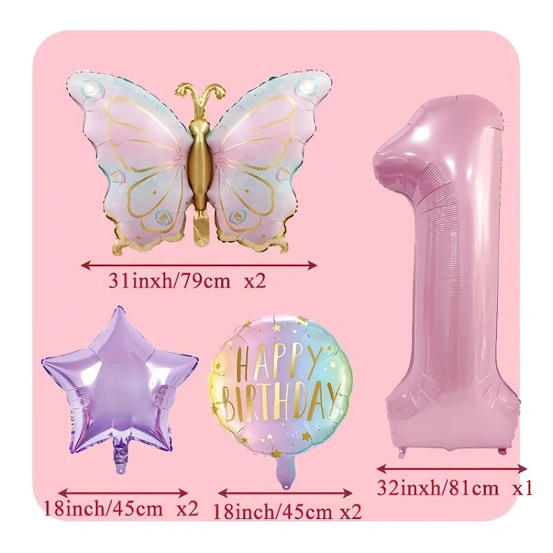 סט 7 בלוני פרפרים ורודים עם בלון ספרה – ספרות 1–9 – תמונה 6